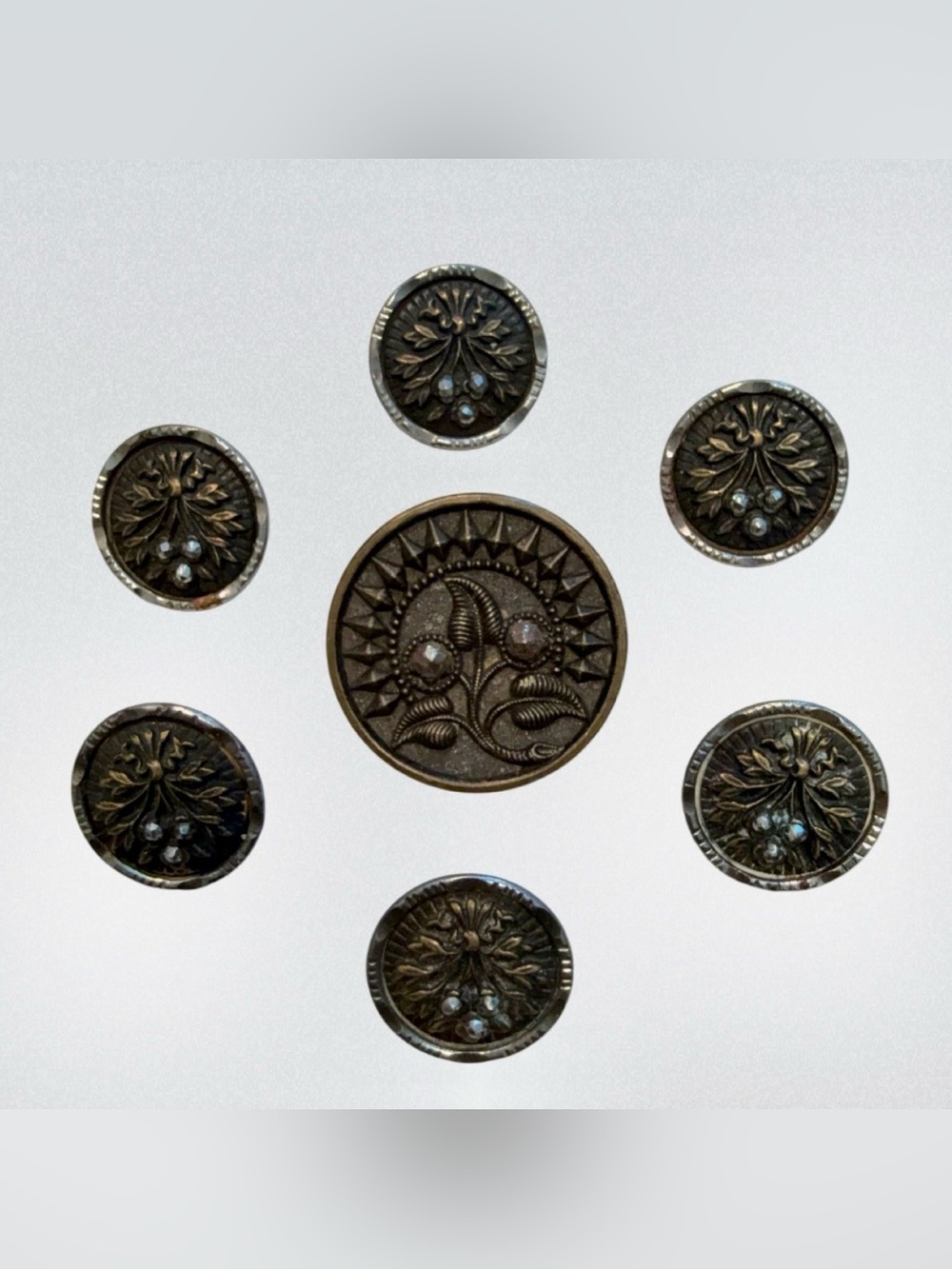 Antique Victorian Lot (7) Steel Cup /Cut Floral Matching Metal Buttons 1.25-.75”